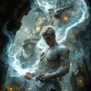 AI male art photos with a fantastical atmosphere. Imagine a Hogwarts School of Witchcraft student, from the Harry Potter series, a handsome, beautiful, and attractive, shirtless young teenage boy, standing firm against a threat. With a detailed Hogwarts castle background, casting a powerful spell, conjuring creatures based on their assigned house crest. From Demonic snakes, powerful lions, fierce badgers, or a murder of Crows. Dementors floating ominously in a cloudy sky, and sparks, shadows, and cinematic lighting, offering an otherworldly vibe.