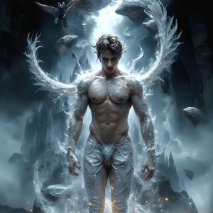 AI male art photos with a fantastical atmosphere. Imagine a Hogwarts School of Witchcraft student, from the Harry Potter series, a handsome, beautiful, and attractive, shirtless young teenage boy, standing firm against a threat. With a detailed Hogwarts castle background, casting a powerful spell, conjuring creatures based on their assigned house crest. From Demonic snakes, powerful lions, fierce badgers, or a murder of Crows. Dementors floating ominously in a cloudy sky, and sparks, shadows, and cinematic lighting, offering an otherworldly vibe.