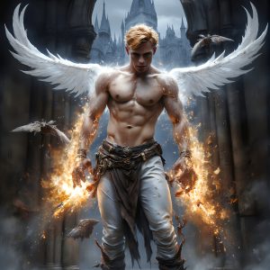 AI male art photos with a fantastical atmosphere. Imagine a Hogwarts School of Witchcraft student, from the Harry Potter series, a handsome, beautiful, and attractive, shirtless young teenage boy, standing firm against a threat. With a detailed Hogwarts castle background, casting a powerful spell, conjuring creatures based on their assigned house crest. From Demonic snakes, powerful lions, fierce badgers, or a murder of Crows. Dementors floating ominously in a cloudy sky, and sparks, shadows, and cinematic lighting, offering an otherworldly vibe.