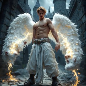 AI male art photos with a fantastical atmosphere. Imagine a Hogwarts School of Witchcraft student, from the Harry Potter series, a handsome, beautiful, and attractive, shirtless young teenage boy, standing firm against a threat. With a detailed Hogwarts castle background, casting a powerful spell, conjuring creatures based on their assigned house crest. From Demonic snakes, powerful lions, fierce badgers, or a murder of Crows. Dementors floating ominously in a cloudy sky, and sparks, shadows, and cinematic lighting, offering an otherworldly vibe.