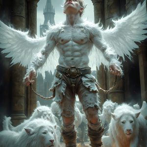 AI male art photos with a fantastical atmosphere. Imagine a Hogwarts School of Witchcraft student, from the Harry Potter series, a handsome, beautiful, and attractive, shirtless young teenage boy, standing firm against a threat. With a detailed Hogwarts castle background, casting a powerful spell, conjuring creatures based on their assigned house crest. From Demonic snakes, powerful lions, fierce badgers, or a murder of Crows. Dementors floating ominously in a cloudy sky, and sparks, shadows, and cinematic lighting, offering an otherworldly vibe.