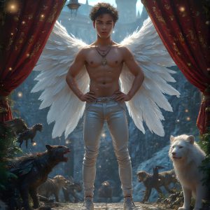 AI male art photos with a fantastical atmosphere. Imagine a Hogwarts School of Witchcraft student, from the Harry Potter series, a handsome, beautiful, and attractive, shirtless young teenage boy, standing firm against a threat. With a detailed Hogwarts castle background, casting a powerful spell, conjuring creatures based on their assigned house crest. From Demonic snakes, powerful lions, fierce badgers, or a murder of Crows. Dementors floating ominously in a cloudy sky, and sparks, shadows, and cinematic lighting, offering an otherworldly vibe.