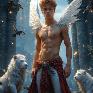 AI male art photos with a fantastical atmosphere. Imagine a Hogwarts School of Witchcraft student, from the Harry Potter series, a handsome, beautiful, and attractive, shirtless young teenage boy, standing firm against a threat. With a detailed Hogwarts castle background, casting a powerful spell, conjuring creatures based on their assigned house crest. From Demonic snakes, powerful lions, fierce badgers, or a murder of Crows. Dementors floating ominously in a cloudy sky, and sparks, shadows, and cinematic lighting, offering an otherworldly vibe.