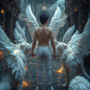 AI male art photos with a fantastical atmosphere. Imagine a Hogwarts School of Witchcraft student, from the Harry Potter series, a handsome, beautiful, and attractive, shirtless young teenage boy, standing firm against a threat. With a detailed Hogwarts castle background, casting a powerful spell, conjuring creatures based on their assigned house crest. From Demonic snakes, powerful lions, fierce badgers, or a murder of Crows. Dementors floating ominously in a cloudy sky, and sparks, shadows, and cinematic lighting, offering an otherworldly vibe.