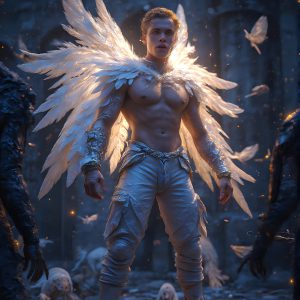 AI male art photos with a fantastical atmosphere. Imagine a Hogwarts School of Witchcraft student, from the Harry Potter series, a handsome, beautiful, and attractive, shirtless young teenage boy, standing firm against a threat. With a detailed Hogwarts castle background, casting a powerful spell, conjuring creatures based on their assigned house crest. From Demonic snakes, powerful lions, fierce badgers, or a murder of Crows. Dementors floating ominously in a cloudy sky, and sparks, shadows, and cinematic lighting, offering an otherworldly vibe.