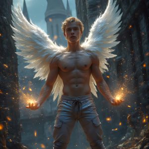 AI male art photos with a fantastical atmosphere. Imagine a Hogwarts School of Witchcraft student, from the Harry Potter series, a handsome, beautiful, and attractive, shirtless young teenage boy, standing firm against a threat. With a detailed Hogwarts castle background, casting a powerful spell, conjuring creatures based on their assigned house crest. From Demonic snakes, powerful lions, fierce badgers, or a murder of Crows. Dementors floating ominously in a cloudy sky, and sparks, shadows, and cinematic lighting, offering an otherworldly vibe.