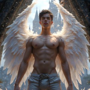 AI male art photos with a fantastical atmosphere. Imagine a Hogwarts School of Witchcraft student, from the Harry Potter series, a handsome, beautiful, and attractive, shirtless young teenage boy, standing firm against a threat. With a detailed Hogwarts castle background, casting a powerful spell, conjuring creatures based on their assigned house crest. From Demonic snakes, powerful lions, fierce badgers, or a murder of Crows. Dementors floating ominously in a cloudy sky, and sparks, shadows, and cinematic lighting, offering an otherworldly vibe.