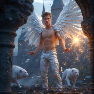 AI male art photos with a fantastical atmosphere. Imagine a Hogwarts School of Witchcraft student, from the Harry Potter series, a handsome, beautiful, and attractive, shirtless young teenage boy, standing firm against a threat. With a detailed Hogwarts castle background, casting a powerful spell, conjuring creatures based on their assigned house crest. From Demonic snakes, powerful lions, fierce badgers, or a murder of Crows. Dementors floating ominously in a cloudy sky, and sparks, shadows, and cinematic lighting, offering an otherworldly vibe.