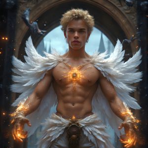 AI male art photos with a fantastical atmosphere. Imagine a Hogwarts School of Witchcraft student, from the Harry Potter series, a handsome, beautiful, and attractive, shirtless young teenage boy, standing firm against a threat. With a detailed Hogwarts castle background, casting a powerful spell, conjuring creatures based on their assigned house crest. From Demonic snakes, powerful lions, fierce badgers, or a murder of Crows. Dementors floating ominously in a cloudy sky, and sparks, shadows, and cinematic lighting, offering an otherworldly vibe.