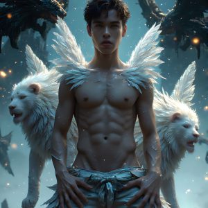 AI male art photos with a fantastical atmosphere. Imagine a Hogwarts School of Witchcraft student, from the Harry Potter series, a handsome, beautiful, and attractive, shirtless young teenage boy, standing firm against a threat. With a detailed Hogwarts castle background, casting a powerful spell, conjuring creatures based on their assigned house crest. From Demonic snakes, powerful lions, fierce badgers, or a murder of Crows. Dementors floating ominously in a cloudy sky, and sparks, shadows, and cinematic lighting, offering an otherworldly vibe.