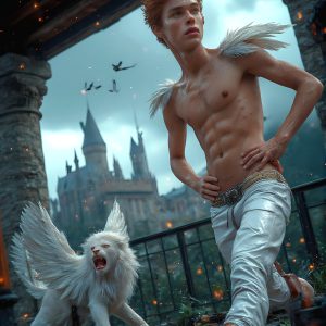 AI male art photos with a fantastical atmosphere. Imagine a Hogwarts School of Witchcraft student, from the Harry Potter series, a handsome, beautiful, and attractive, shirtless young teenage boy, standing firm against a threat. With a detailed Hogwarts castle background, casting a powerful spell, conjuring creatures based on their assigned house crest. From Demonic snakes, powerful lions, fierce badgers, or a murder of Crows. Dementors floating ominously in a cloudy sky, and sparks, shadows, and cinematic lighting, offering an otherworldly vibe.