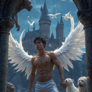 AI male art photos with a fantastical atmosphere. Imagine a Hogwarts School of Witchcraft student, from the Harry Potter series, a handsome, beautiful, and attractive, shirtless young teenage boy, standing firm against a threat. With a detailed Hogwarts castle background, casting a powerful spell, conjuring creatures based on their assigned house crest. From Demonic snakes, powerful lions, fierce badgers, or a murder of Crows. Dementors floating ominously in a cloudy sky, and sparks, shadows, and cinematic lighting, offering an otherworldly vibe.