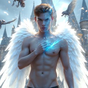 AI male art photos with a fantastical atmosphere. Imagine a Hogwarts School of Witchcraft student, from the Harry Potter series, a handsome, beautiful, and attractive, shirtless young teenage boy, standing firm against a threat. With a detailed Hogwarts castle background, casting a powerful spell, conjuring creatures based on their assigned house crest. From Demonic snakes, powerful lions, fierce badgers, or a murder of Crows. Dementors floating ominously in a cloudy sky, and sparks, shadows, and cinematic lighting, offering an otherworldly vibe.