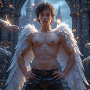 AI male art photos with a fantastical atmosphere. Imagine a Hogwarts School of Witchcraft student, from the Harry Potter series, a handsome, beautiful, and attractive, shirtless young teenage boy, standing firm against a threat. With a detailed Hogwarts castle background, casting a powerful spell, conjuring creatures based on their assigned house crest. From Demonic snakes, powerful lions, fierce badgers, or a murder of Crows. Dementors floating ominously in a cloudy sky, and sparks, shadows, and cinematic lighting, offering an otherworldly vibe.