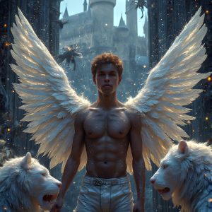 AI male art photos with a fantastical atmosphere. Imagine a Hogwarts School of Witchcraft student, from the Harry Potter series, a handsome, beautiful, and attractive, shirtless young teenage boy, standing firm against a threat. With a detailed Hogwarts castle background, casting a powerful spell, conjuring creatures based on their assigned house crest. From Demonic snakes, powerful lions, fierce badgers, or a murder of Crows. Dementors floating ominously in a cloudy sky, and sparks, shadows, and cinematic lighting, offering an otherworldly vibe.