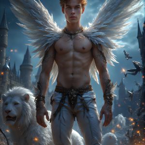 AI male art photos with a fantastical atmosphere. Imagine a Hogwarts School of Witchcraft student, from the Harry Potter series, a handsome, beautiful, and attractive, shirtless young teenage boy, standing firm against a threat. With a detailed Hogwarts castle background, casting a powerful spell, conjuring creatures based on their assigned house crest. From Demonic snakes, powerful lions, fierce badgers, or a murder of Crows. Dementors floating ominously in a cloudy sky, and sparks, shadows, and cinematic lighting, offering an otherworldly vibe.