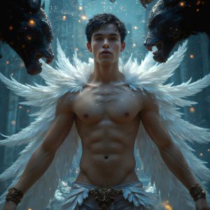 AI male art photos with a fantastical atmosphere. Imagine a Hogwarts School of Witchcraft student, from the Harry Potter series, a handsome, beautiful, and attractive, shirtless young teenage boy, standing firm against a threat. With a detailed Hogwarts castle background, casting a powerful spell, conjuring creatures based on their assigned house crest. From Demonic snakes, powerful lions, fierce badgers, or a murder of Crows. Dementors floating ominously in a cloudy sky, and sparks, shadows, and cinematic lighting, offering an otherworldly vibe.