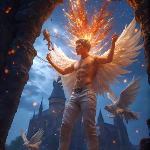 AI male art photos with a fantastical atmosphere. Imagine a Hogwarts School of Witchcraft student, from the Harry Potter series, a handsome, beautiful, and attractive, shirtless young teenage boy, standing firm against a threat. With a detailed Hogwarts castle background, casting a powerful spell, conjuring creatures based on their assigned house crest. From Demonic snakes, powerful lions, fierce badgers, or a murder of Crows. Dementors floating ominously in a cloudy sky, and sparks, shadows, and cinematic lighting, offering an otherworldly vibe.