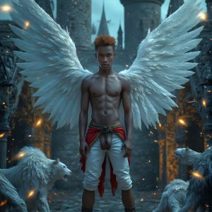 AI male art photos with a fantastical atmosphere. Imagine a Hogwarts School of Witchcraft student, from the Harry Potter series, a handsome, beautiful, and attractive, shirtless young teenage boy, standing firm against a threat. With a detailed Hogwarts castle background, casting a powerful spell, conjuring creatures based on their assigned house crest. From Demonic snakes, powerful lions, fierce badgers, or a murder of Crows. Dementors floating ominously in a cloudy sky, and sparks, shadows, and cinematic lighting, offering an otherworldly vibe.