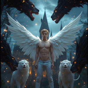 AI male art photos with a fantastical atmosphere. Imagine a Hogwarts School of Witchcraft student, from the Harry Potter series, a handsome, beautiful, and attractive, shirtless young teenage boy, standing firm against a threat. With a detailed Hogwarts castle background, casting a powerful spell, conjuring creatures based on their assigned house crest. From Demonic snakes, powerful lions, fierce badgers, or a murder of Crows. Dementors floating ominously in a cloudy sky, and sparks, shadows, and cinematic lighting, offering an otherworldly vibe.