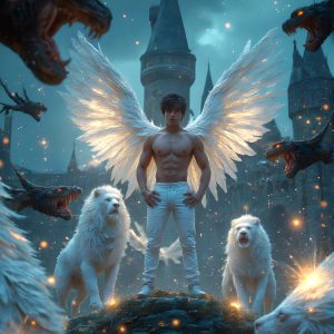 AI male art photos with a fantastical atmosphere. Imagine a Hogwarts School of Witchcraft student, from the Harry Potter series, a handsome, beautiful, and attractive, shirtless young teenage boy, standing firm against a threat. With a detailed Hogwarts castle background, casting a powerful spell, conjuring creatures based on their assigned house crest. From Demonic snakes, powerful lions, fierce badgers, or a murder of Crows. Dementors floating ominously in a cloudy sky, and sparks, shadows, and cinematic lighting, offering an otherworldly vibe.