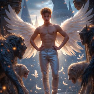 AI male art photos with a fantastical atmosphere. Imagine a Hogwarts School of Witchcraft student, from the Harry Potter series, a handsome, beautiful, and attractive, shirtless young teenage boy, standing firm against a threat. With a detailed Hogwarts castle background, casting a powerful spell, conjuring creatures based on their assigned house crest. From Demonic snakes, powerful lions, fierce badgers, or a murder of Crows. Dementors floating ominously in a cloudy sky, and sparks, shadows, and cinematic lighting, offering an otherworldly vibe.