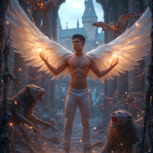 AI male art photos with a fantastical atmosphere. Imagine a Hogwarts School of Witchcraft student, from the Harry Potter series, a handsome, beautiful, and attractive, shirtless young teenage boy, standing firm against a threat. With a detailed Hogwarts castle background, casting a powerful spell, conjuring creatures based on their assigned house crest. From Demonic snakes, powerful lions, fierce badgers, or a murder of Crows. Dementors floating ominously in a cloudy sky, and sparks, shadows, and cinematic lighting, offering an otherworldly vibe.