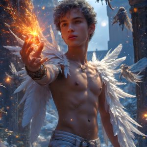 AI male art photos with a fantastical atmosphere. Imagine a Hogwarts School of Witchcraft student, from the Harry Potter series, a handsome, beautiful, and attractive, shirtless young teenage boy, standing firm against a threat. With a detailed Hogwarts castle background, casting a powerful spell, conjuring creatures based on their assigned house crest. From Demonic snakes, powerful lions, fierce badgers, or a murder of Crows. Dementors floating ominously in a cloudy sky, and sparks, shadows, and cinematic lighting, offering an otherworldly vibe.