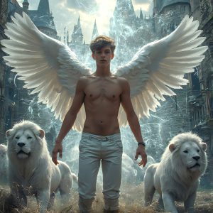 AI male art photos with a fantastical atmosphere. Imagine a Hogwarts School of Witchcraft student, from the Harry Potter series, a handsome, beautiful, and attractive, shirtless young teenage boy, standing firm against a threat. With a detailed Hogwarts castle background, casting a powerful spell, conjuring creatures based on their assigned house crest. From Demonic snakes, powerful lions, fierce badgers, or a murder of Crows. Dementors floating ominously in a cloudy sky, and sparks, shadows, and cinematic lighting, offering an otherworldly vibe.