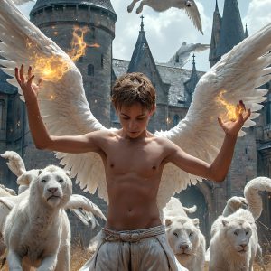 AI male art photos with a fantastical atmosphere. Imagine a Hogwarts School of Witchcraft student, from the Harry Potter series, a handsome, beautiful, and attractive, shirtless young teenage boy, standing firm against a threat. With a detailed Hogwarts castle background, casting a powerful spell, conjuring creatures based on their assigned house crest. From Demonic snakes, powerful lions, fierce badgers, or a murder of Crows. Dementors floating ominously in a cloudy sky, and sparks, shadows, and cinematic lighting, offering an otherworldly vibe.