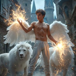 AI male art photos with a fantastical atmosphere. Imagine a Hogwarts School of Witchcraft student, from the Harry Potter series, a handsome, beautiful, and attractive, shirtless young teenage boy, standing firm against a threat. With a detailed Hogwarts castle background, casting a powerful spell, conjuring creatures based on their assigned house crest. From Demonic snakes, powerful lions, fierce badgers, or a murder of Crows. Dementors floating ominously in a cloudy sky, and sparks, shadows, and cinematic lighting, offering an otherworldly vibe.