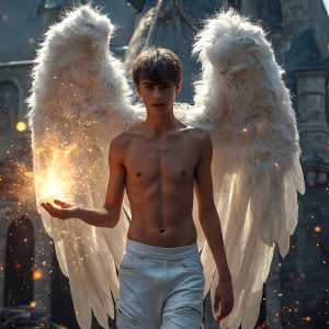 AI male art photos with a fantastical atmosphere. Imagine a Hogwarts School of Witchcraft student, from the Harry Potter series, a handsome, beautiful, and attractive, shirtless young teenage boy, standing firm against a threat. With a detailed Hogwarts castle background, casting a powerful spell, conjuring creatures based on their assigned house crest. From Demonic snakes, powerful lions, fierce badgers, or a murder of Crows. Dementors floating ominously in a cloudy sky, and sparks, shadows, and cinematic lighting, offering an otherworldly vibe.