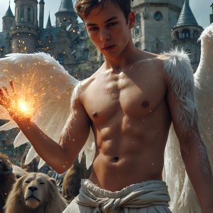 AI male art photos with a fantastical atmosphere. Imagine a Hogwarts School of Witchcraft student, from the Harry Potter series, a handsome, beautiful, and attractive, shirtless young teenage boy, standing firm against a threat. With a detailed Hogwarts castle background, casting a powerful spell, conjuring creatures based on their assigned house crest. From Demonic snakes, powerful lions, fierce badgers, or a murder of Crows. Dementors floating ominously in a cloudy sky, and sparks, shadows, and cinematic lighting, offering an otherworldly vibe.