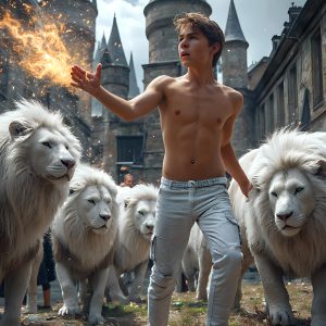 AI male art photos with a fantastical atmosphere. Imagine a Hogwarts School of Witchcraft student, from the Harry Potter series, a handsome, beautiful, and attractive, shirtless young teenage boy, standing firm against a threat. With a detailed Hogwarts castle background, casting a powerful spell, conjuring creatures based on their assigned house crest. From Demonic snakes, powerful lions, fierce badgers, or a murder of Crows. Dementors floating ominously in a cloudy sky, and sparks, shadows, and cinematic lighting, offering an otherworldly vibe.