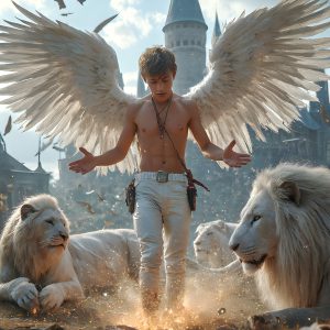 AI male art photos with a fantastical atmosphere. Imagine a Hogwarts School of Witchcraft student, from the Harry Potter series, a handsome, beautiful, and attractive, shirtless young teenage boy, standing firm against a threat. With a detailed Hogwarts castle background, casting a powerful spell, conjuring creatures based on their assigned house crest. From Demonic snakes, powerful lions, fierce badgers, or a murder of Crows. Dementors floating ominously in a cloudy sky, and sparks, shadows, and cinematic lighting, offering an otherworldly vibe.