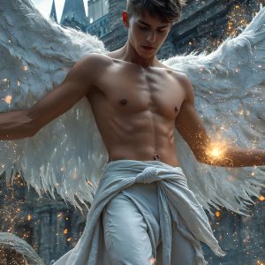 AI male art photos with a fantastical atmosphere. Imagine a Hogwarts School of Witchcraft student, from the Harry Potter series, a handsome, beautiful, and attractive, shirtless young teenage boy, standing firm against a threat. With a detailed Hogwarts castle background, casting a powerful spell, conjuring creatures based on their assigned house crest. From Demonic snakes, powerful lions, fierce badgers, or a murder of Crows. Dementors floating ominously in a cloudy sky, and sparks, shadows, and cinematic lighting, offering an otherworldly vibe.