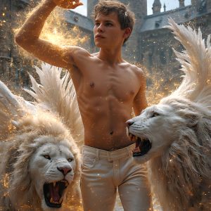 AI male art photos with a fantastical atmosphere. Imagine a Hogwarts School of Witchcraft student, from the Harry Potter series, a handsome, beautiful, and attractive, shirtless young teenage boy, standing firm against a threat. With a detailed Hogwarts castle background, casting a powerful spell, conjuring creatures based on their assigned house crest. From Demonic snakes, powerful lions, fierce badgers, or a murder of Crows. Dementors floating ominously in a cloudy sky, and sparks, shadows, and cinematic lighting, offering an otherworldly vibe.