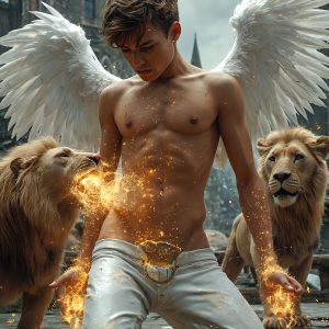 AI male art photos with a fantastical atmosphere. Imagine a Hogwarts School of Witchcraft student, from the Harry Potter series, a handsome, beautiful, and attractive, shirtless young teenage boy, standing firm against a threat. With a detailed Hogwarts castle background, casting a powerful spell, conjuring creatures based on their assigned house crest. From Demonic snakes, powerful lions, fierce badgers, or a murder of Crows. Dementors floating ominously in a cloudy sky, and sparks, shadows, and cinematic lighting, offering an otherworldly vibe.