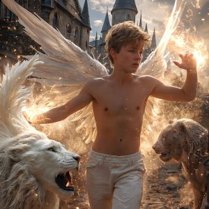 AI male art photos with a fantastical atmosphere. Imagine a Hogwarts School of Witchcraft student, from the Harry Potter series, a handsome, beautiful, and attractive, shirtless young teenage boy, standing firm against a threat. With a detailed Hogwarts castle background, casting a powerful spell, conjuring creatures based on their assigned house crest. From Demonic snakes, powerful lions, fierce badgers, or a murder of Crows. Dementors floating ominously in a cloudy sky, and sparks, shadows, and cinematic lighting, offering an otherworldly vibe.