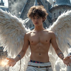 AI male art photos with a fantastical atmosphere. Imagine a Hogwarts School of Witchcraft student, from the Harry Potter series, a handsome, beautiful, and attractive, shirtless young teenage boy, standing firm against a threat. With a detailed Hogwarts castle background, casting a powerful spell, conjuring creatures based on their assigned house crest. From Demonic snakes, powerful lions, fierce badgers, or a murder of Crows. Dementors floating ominously in a cloudy sky, and sparks, shadows, and cinematic lighting, offering an otherworldly vibe.