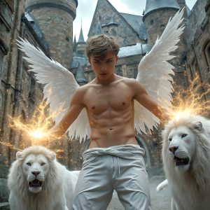 AI male art photos with a fantastical atmosphere. Imagine a Hogwarts School of Witchcraft student, from the Harry Potter series, a handsome, beautiful, and attractive, shirtless young teenage boy, standing firm against a threat. With a detailed Hogwarts castle background, casting a powerful spell, conjuring creatures based on their assigned house crest. From Demonic snakes, powerful lions, fierce badgers, or a murder of Crows. Dementors floating ominously in a cloudy sky, and sparks, shadows, and cinematic lighting, offering an otherworldly vibe.