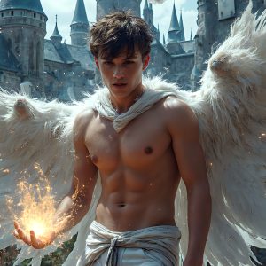 AI male art photos with a fantastical atmosphere. Imagine a Hogwarts School of Witchcraft student, from the Harry Potter series, a handsome, beautiful, and attractive, shirtless young teenage boy, standing firm against a threat. With a detailed Hogwarts castle background, casting a powerful spell, conjuring creatures based on their assigned house crest. From Demonic snakes, powerful lions, fierce badgers, or a murder of Crows. Dementors floating ominously in a cloudy sky, and sparks, shadows, and cinematic lighting, offering an otherworldly vibe.