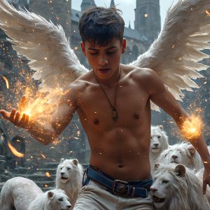 AI male art photos with a fantastical atmosphere. Imagine a Hogwarts School of Witchcraft student, from the Harry Potter series, a handsome, beautiful, and attractive, shirtless young teenage boy, standing firm against a threat. With a detailed Hogwarts castle background, casting a powerful spell, conjuring creatures based on their assigned house crest. From Demonic snakes, powerful lions, fierce badgers, or a murder of Crows. Dementors floating ominously in a cloudy sky, and sparks, shadows, and cinematic lighting, offering an otherworldly vibe.