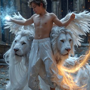 AI male art photos with a fantastical atmosphere. Imagine a Hogwarts School of Witchcraft student, from the Harry Potter series, a handsome, beautiful, and attractive, shirtless young teenage boy, standing firm against a threat. With a detailed Hogwarts castle background, casting a powerful spell, conjuring creatures based on their assigned house crest. From Demonic snakes, powerful lions, fierce badgers, or a murder of Crows. Dementors floating ominously in a cloudy sky, and sparks, shadows, and cinematic lighting, offering an otherworldly vibe.