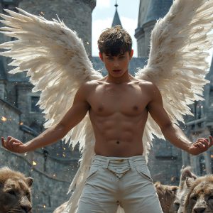 AI male art photos with a fantastical atmosphere. Imagine a Hogwarts School of Witchcraft student, from the Harry Potter series, a handsome, beautiful, and attractive, shirtless young teenage boy, standing firm against a threat. With a detailed Hogwarts castle background, casting a powerful spell, conjuring creatures based on their assigned house crest. From Demonic snakes, powerful lions, fierce badgers, or a murder of Crows. Dementors floating ominously in a cloudy sky, and sparks, shadows, and cinematic lighting, offering an otherworldly vibe.