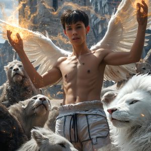 AI male art photos with a fantastical atmosphere. Imagine a Hogwarts School of Witchcraft student, from the Harry Potter series, a handsome, beautiful, and attractive, shirtless young teenage boy, standing firm against a threat. With a detailed Hogwarts castle background, casting a powerful spell, conjuring creatures based on their assigned house crest. From Demonic snakes, powerful lions, fierce badgers, or a murder of Crows. Dementors floating ominously in a cloudy sky, and sparks, shadows, and cinematic lighting, offering an otherworldly vibe.