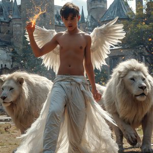 AI male art photos with a fantastical atmosphere. Imagine a Hogwarts School of Witchcraft student, from the Harry Potter series, a handsome, beautiful, and attractive, shirtless young teenage boy, standing firm against a threat. With a detailed Hogwarts castle background, casting a powerful spell, conjuring creatures based on their assigned house crest. From Demonic snakes, powerful lions, fierce badgers, or a murder of Crows. Dementors floating ominously in a cloudy sky, and sparks, shadows, and cinematic lighting, offering an otherworldly vibe.