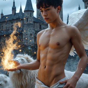 AI male art photos with a fantastical atmosphere. Imagine a Hogwarts School of Witchcraft student, from the Harry Potter series, a handsome, beautiful, and attractive, shirtless young teenage boy, standing firm against a threat. With a detailed Hogwarts castle background, casting a powerful spell, conjuring creatures based on their assigned house crest. From Demonic snakes, powerful lions, fierce badgers, or a murder of Crows. Dementors floating ominously in a cloudy sky, and sparks, shadows, and cinematic lighting, offering an otherworldly vibe.