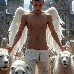 AI male art photos with a fantastical atmosphere. Imagine a Hogwarts School of Witchcraft student, from the Harry Potter series, a handsome, beautiful, and attractive, shirtless young teenage boy, standing firm against a threat. With a detailed Hogwarts castle background, casting a powerful spell, conjuring creatures based on their assigned house crest. From Demonic snakes, powerful lions, fierce badgers, or a murder of Crows. Dementors floating ominously in a cloudy sky, and sparks, shadows, and cinematic lighting, offering an otherworldly vibe.