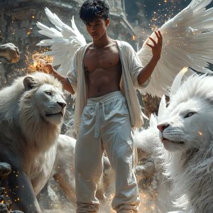 AI male art photos with a fantastical atmosphere. Imagine a Hogwarts School of Witchcraft student, from the Harry Potter series, a handsome, beautiful, and attractive, shirtless young teenage boy, standing firm against a threat. With a detailed Hogwarts castle background, casting a powerful spell, conjuring creatures based on their assigned house crest. From Demonic snakes, powerful lions, fierce badgers, or a murder of Crows. Dementors floating ominously in a cloudy sky, and sparks, shadows, and cinematic lighting, offering an otherworldly vibe.